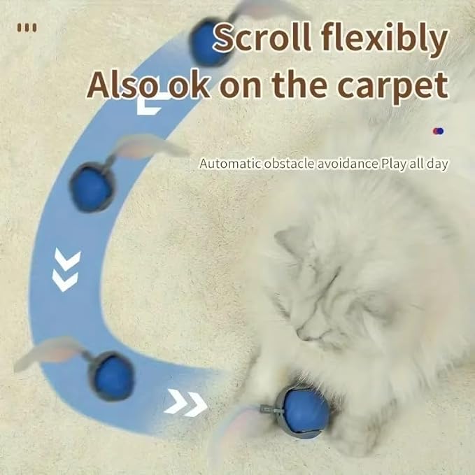 Bytewave Speedy Tail 3.0 is a Smart, Rolling cat Toy with 360° Motion, Feather Tails, and USB Charging. Two Modes Keep Indoor Cats Active, Entertained, and Engaged. Includes red and Blue Balls. (Blue)