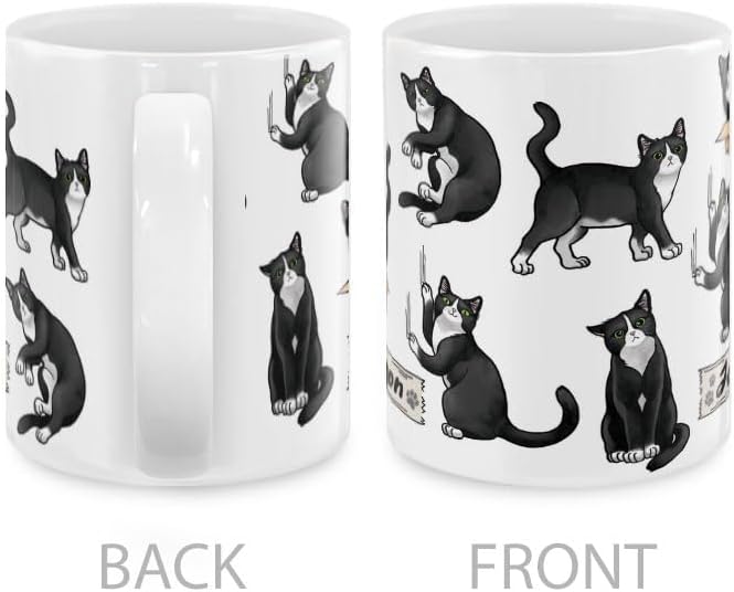 MUGBREW Personalized Coffee Mug with Your Name or Text, Customized Gifts For Christmas Birthday Anniversary, Ceramic 11 OZ Coffee Mug Tea Cup - Black White Tuxedo Cat Playful Postures Pattern