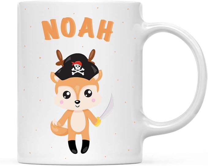 Andaz Press Personalized 11oz. Kids Milk Hot Chocolate Mug, Deer with Pirate Black Hat, 1-Pack, Custom Child’s Birthday Christmas Coffee Cup
