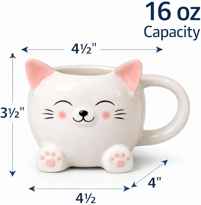 Cute Cat Coffee Mug – 16oz Ceramic Animal Mug, Handmade Gift for Cat Lovers, Cute Kawaii Coffee & Tea Cup – White Tabby