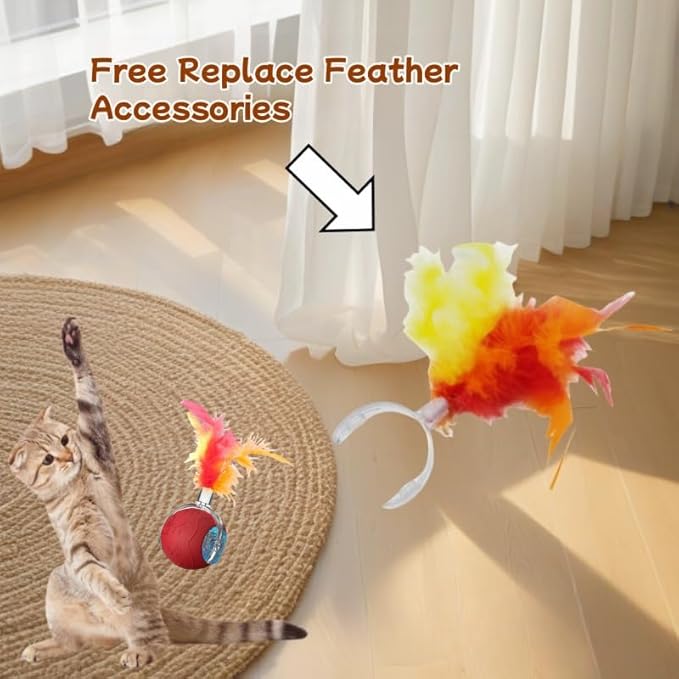 2026 New Interactive Cat Toy Ball for Indoor Cats Dog, Smart 360° Automatic Rolling Pet Ball Kitten Toys with Replace Feather , 3.0 Tail Electric Cat's Toys with LED Light Three Modes Adjustment