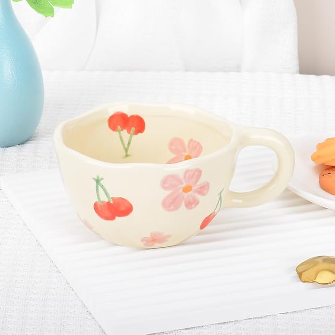 Cute Coffee Mug,Ceramic Tea cup,Kawaii coffee mugs,Handmade Creative Flower Pink mug with Spoon,Aesthetic mugs for milk Cappuccino Cocoa,8.5 oz Cheery Mug Gift for Women Christmas (P+B)