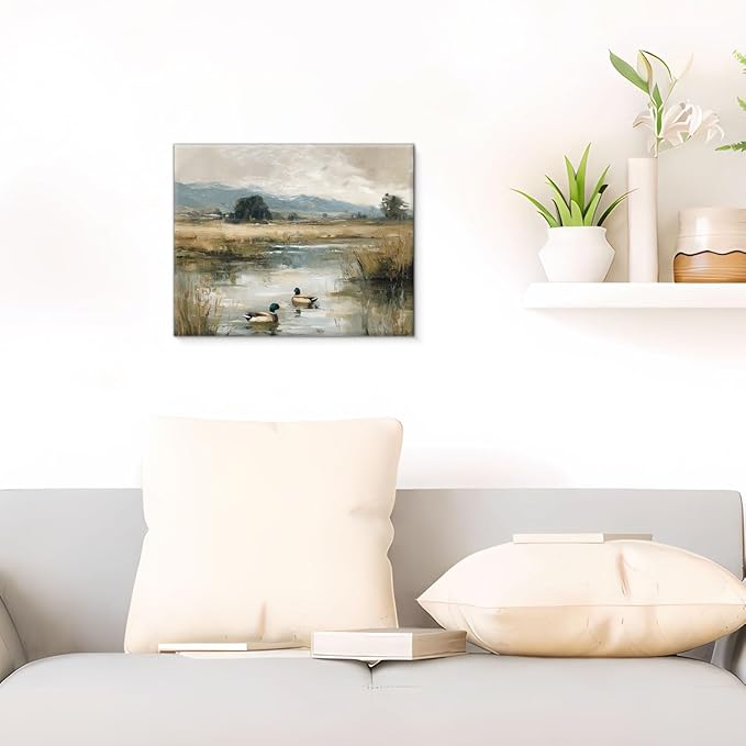 Rustic Mallard Duck Canvas Wall Art Vintage Pond Landscape Print Painting Cottagecore Wall Decor for Farmhouse Home Living Room 8x10 Inches Framed