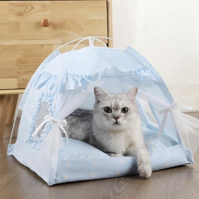 Selena Cat Bed Tents Dog House Indoor Outdoor Lace Mesh Breathable Windows Door Curtains Removable Portable Nest Teepe House (Small,Blue)