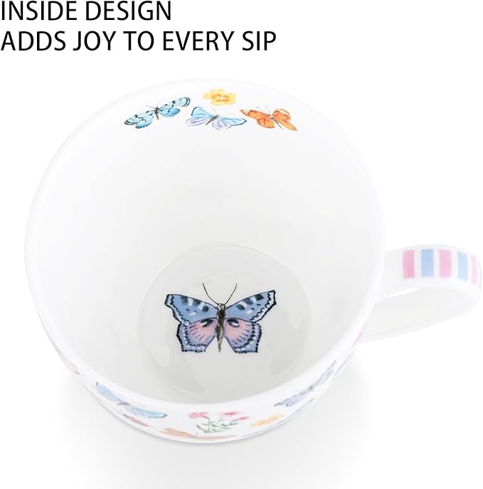 Colorful Butterfly Mug - 20oz Bone China Coffee Tea Hug Mug with Multicolor Butterflies, Ladybugs, Bees & Blooms, Perfect Gifts for Mom Women Mothers Day, Designed in England by Harvest Green Studio