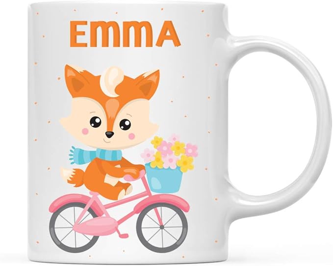 Andaz Press Personalized 11oz. Kids Milk Hot Chocolate Mug, Fox Pink Bicycle, 1-Pack, Custom Child’s Birthday Christmas Coffee Cup