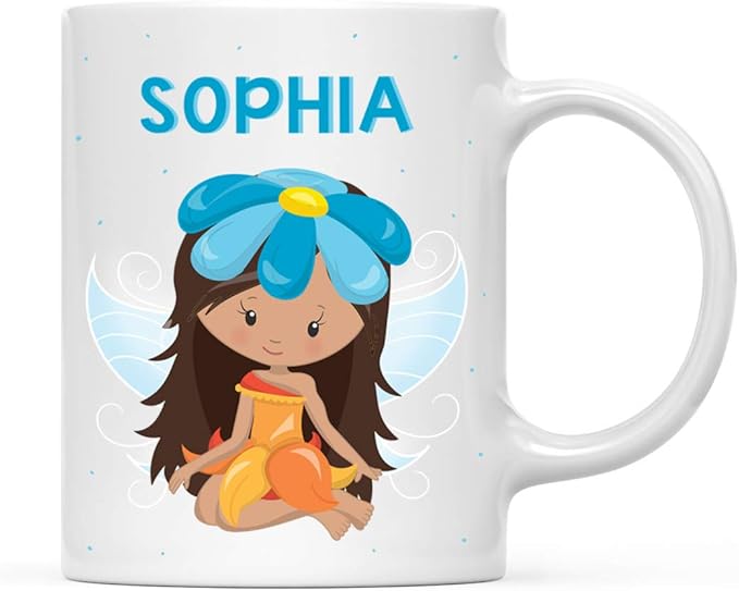 Andaz Press Personalized 11oz. Kids Milk Hot Chocolate Mug, Orange Fairytale Princess with Blue Flower, 1-Pack, Custom Child’s Birthday Christmas Coffee Cup