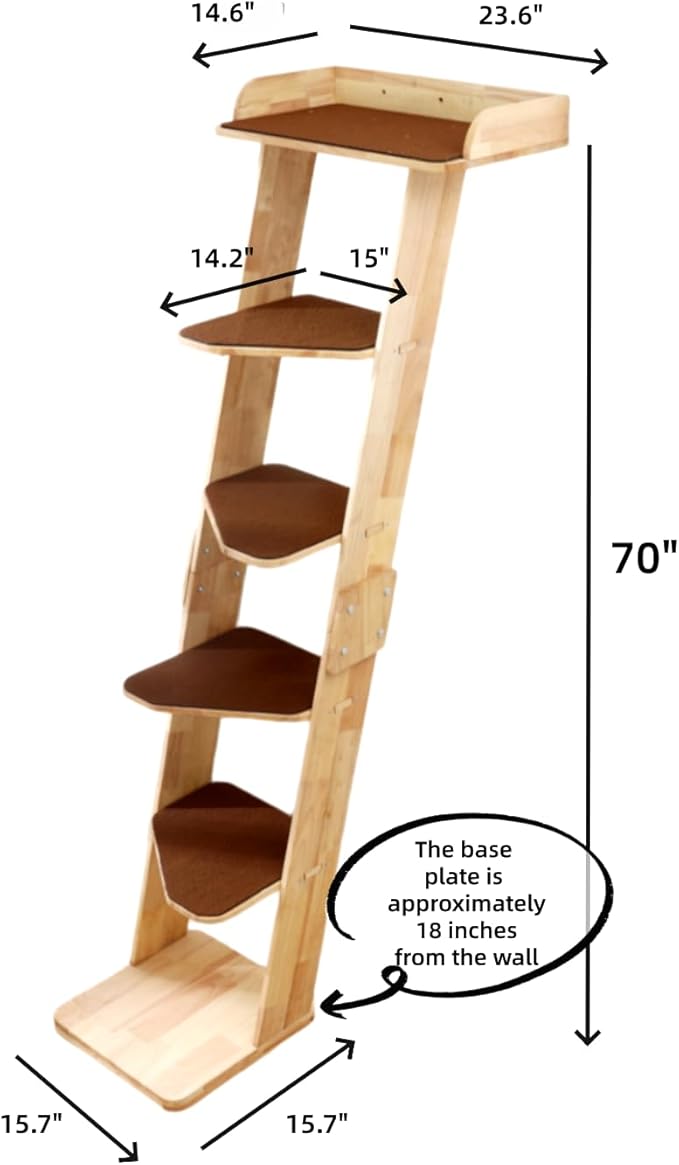 SHENGOCASE Modern 70" Tall Natural Wood 6 Level Leaning Cat Climbing Ladder Tree Tower with Large Perch Platform for Wall Window, Solid Wood Furniture for Multiple Cats
