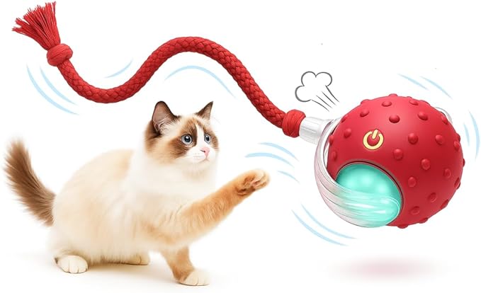 Interactive Cat Toy Ball for Indoor Cats – Fast Rolling on Carpet, Motion Activated with Chirping Sounds, Smart Play Toy (Crimson)