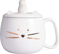 Koolkatkoo Unique Cat Coffee Mug with Lid for Cat Lover Cute Ceramic Tea Mugs with Holder for Cell Phone Porcelain Cup Have The Gold Kitten Gift for Women White