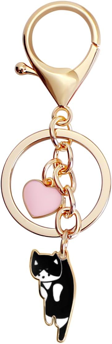 Lazy Cat Pink heart Keychain Fun Cartoon Kitten Cute Key Ring for Animal Key Chain Girl Birthday