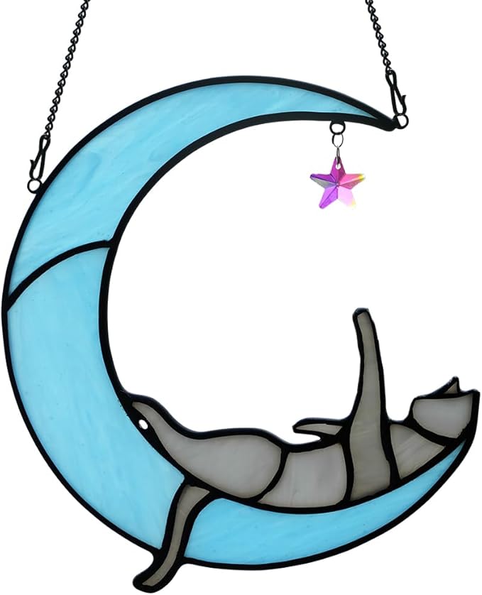 BOXCASA Handmade Gray Cat on Moon Stained Glass Suncatcher - Colorful Crystal Star & Window Hanging Decor for Cat Lovers, (Women, Mom, Grandma)