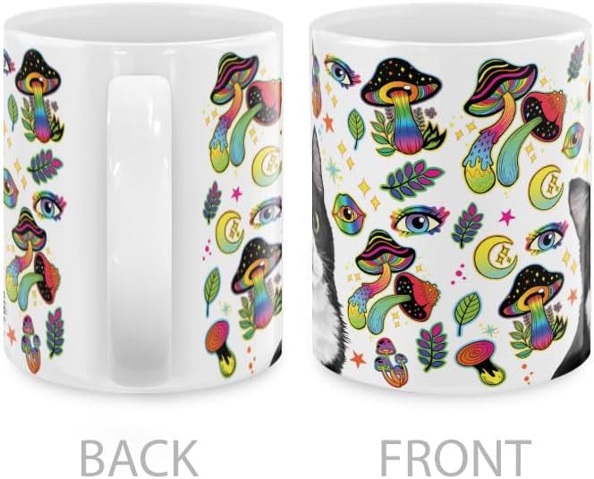 MUGBREW Cute Black White Tuxedo Cat On Rainbow Mushrooms Ceramic Coffee Mug Tea Cup, 11 OZ