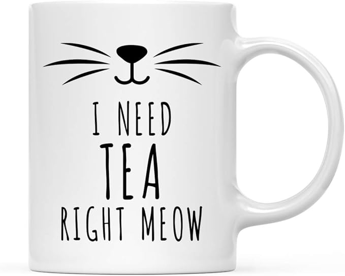 Andaz Press Funny Cat Lover 11oz. Ceramic Coffee Tea Mug, I Need Tea Right Meow, 1-Pack, for Cat Mom, Birthday Christmas Ideas, Includes Box
