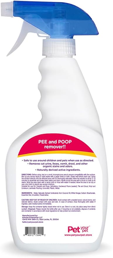 Cat Pee and Poop Remover 32 fl Oz – All-in-One Pet Stain and Odor Remover with Plant-Derived Ingredients – Stain and Odor Removers for Upholstery, Carpets & Hard Floors