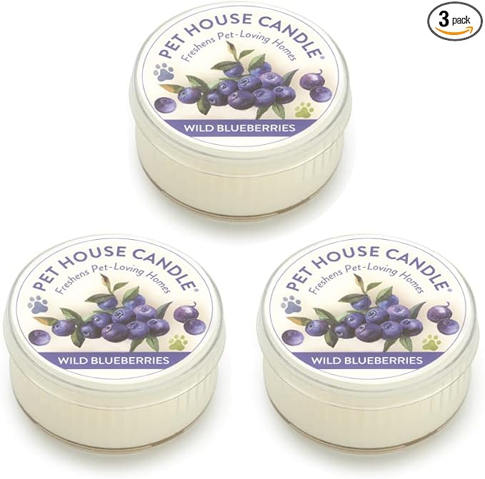 Pet House Mini Candles for Pet Odor Made with Natural Soy Wax, Plant Based, Dog and Cat Friendly Scented, Wild Blueberries Pack of 3