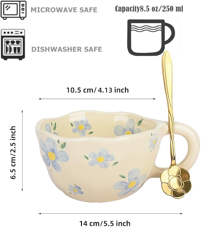 Cute Coffee Mug,Ceramic Tea cup,Kawaii coffee mugs,Handmade Creative Flower Pink mug with Spoon,Aesthetic mugs for milk Cappuccino Cocoa,8.5 oz Cheery Mug Gift for Women Christmas (Blue)