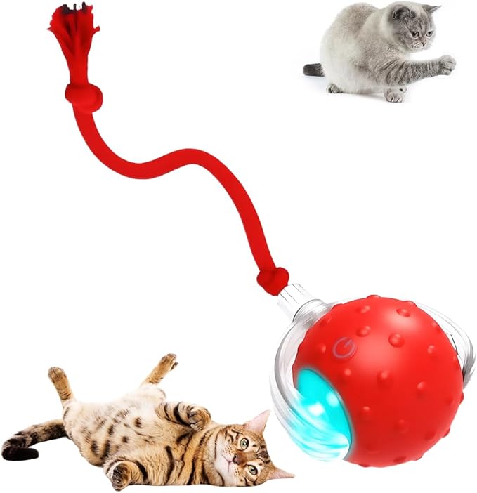 Interactive Cat Toy Balls, 2025 New Interactive Rolling Cat Balls, Upgrade 3.0 Tail Cat‘s Toys with LED Light, Three Modes Smart Automatic Rolling Pet Ball Toy (RED - Birdcall)