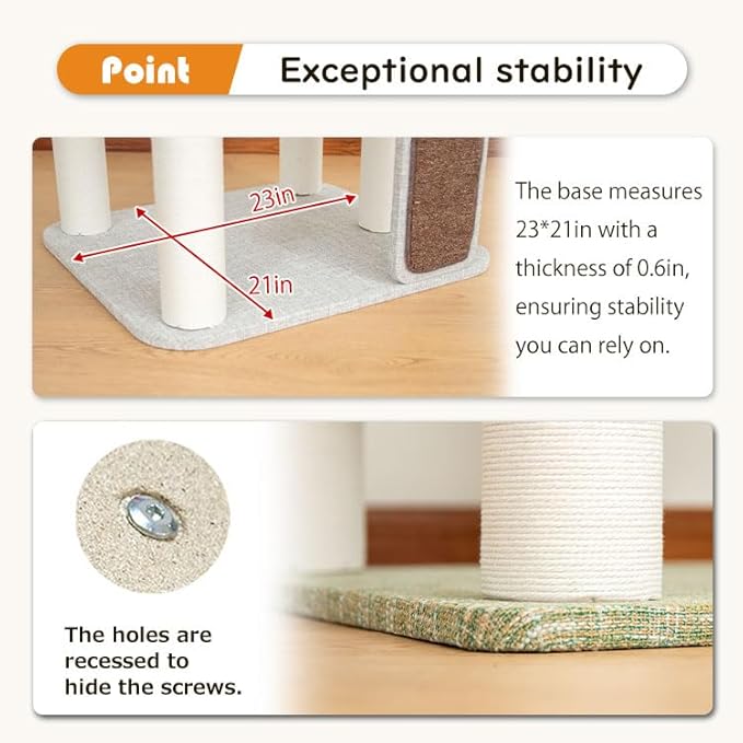 Mordern Cat Tree Tower, Freestanding, Cushioned Bed, Large Base, for Multiple Cats, Compact,Winter and Summer Use, Summer Mat Included, for Large Cats (Olive Green, Height 135cm)