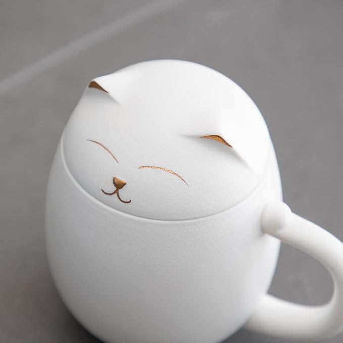 HEER Cat Tea Cup with Infuser and Lid - 13.5oz Ceramic Tea Mug - Cat Lover Gift for Friends Family. (White)
