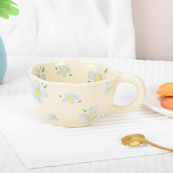 Cute Coffee Mug,Ceramic Tea cup,Kawaii coffee mugs,Handmade Creative Flower Pink mug with Spoon,Aesthetic mugs for milk Cappuccino Cocoa,8.5 oz Cheery Mug Gift for Women Christmas (Blue)