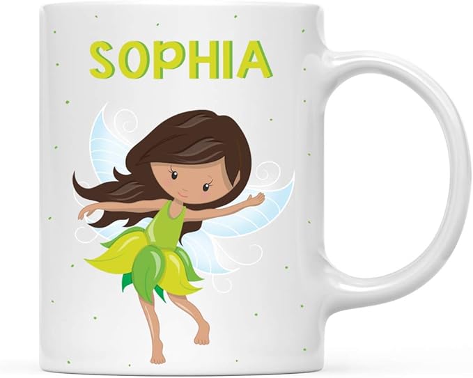 Andaz Press Personalized 11oz. Kids Milk Hot Chocolate Mug, Green Fairytale Princess, 1-Pack, Custom Child’s Birthday Christmas Coffee Cup