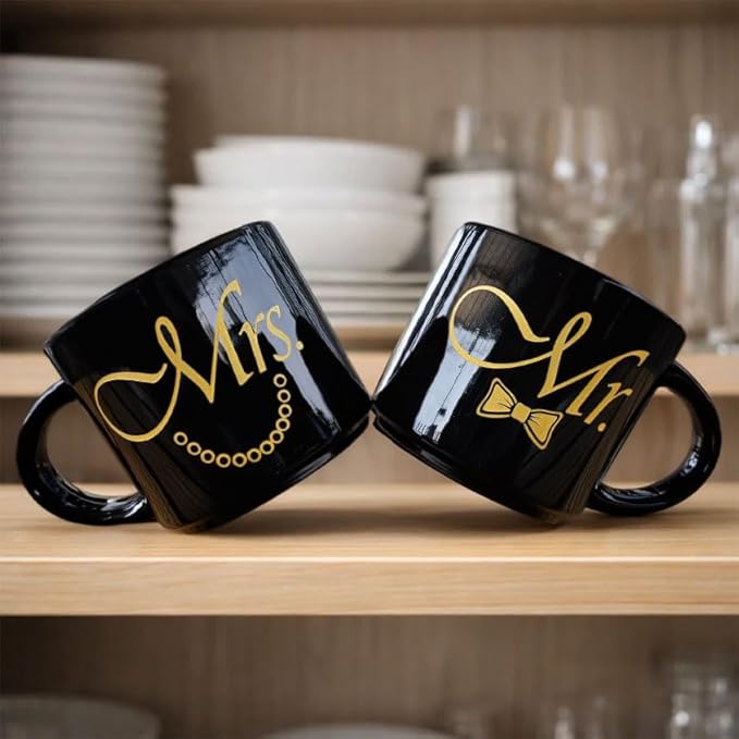 Mr and Mrs Mug Set, Mr Mrs Wedding Gift for Couples, 17 Oz Funny Couple Coffee Mug with Hidden Bottom Design, Newlywed Gift, Bride Groom Present, Anniversary Engagement Gift, His and Hers Mug