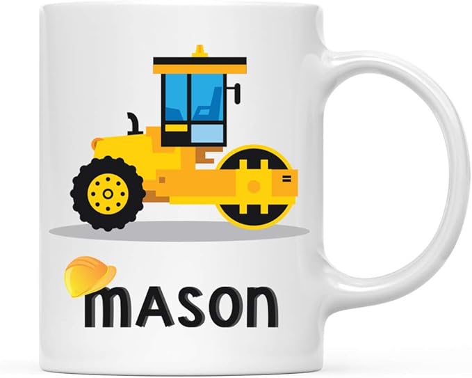 Andaz Press Personalized 11oz. Kids Hot Chocolate Mug, Yellow Construction Truck Road Roller, 1-Pack, Custom Child’s Birthday Christmas Coffee Cup