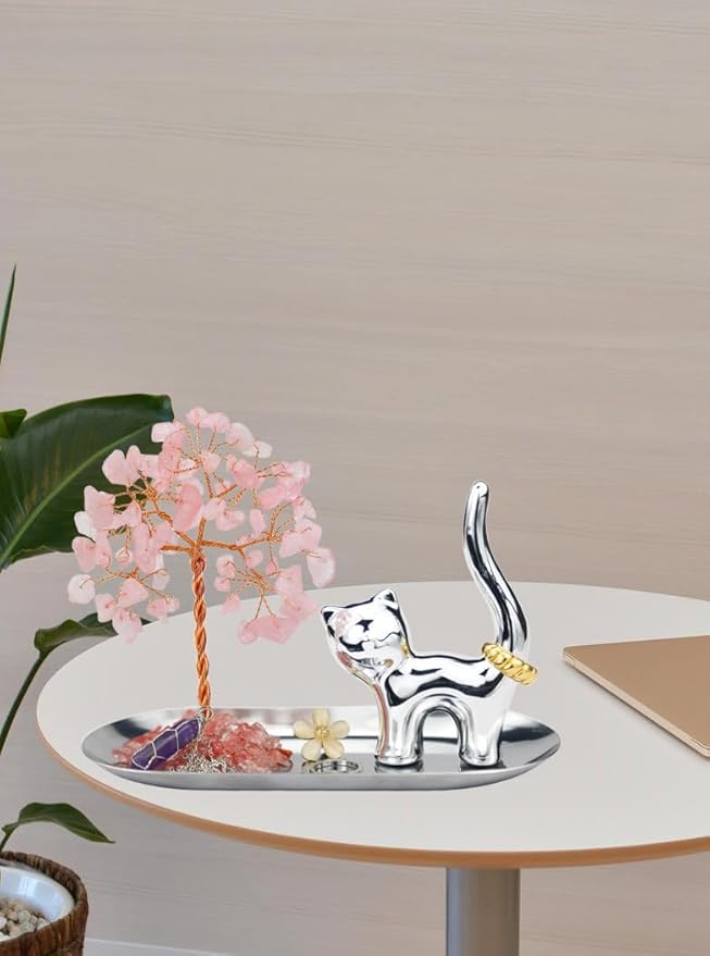 Carselage Cat Ring Holder, Cute Animals Jewelry Tray, Cat Lovers Gifts for Women, Pink Room Japanese Decor, Birthday Gifts for Teen Girls Trendy Stuff - Rose Quartz