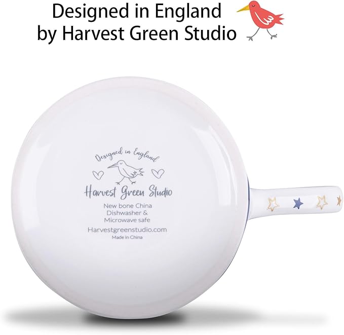 Blue Celestial Coffee Mug, "Your Future is Bright" Inspirational Theme Ceramic Mug, 12 oz New Bone China Mug with Tarot Symbols of Sun, Moon & Stars, Designed in England by Harvest Green Studio