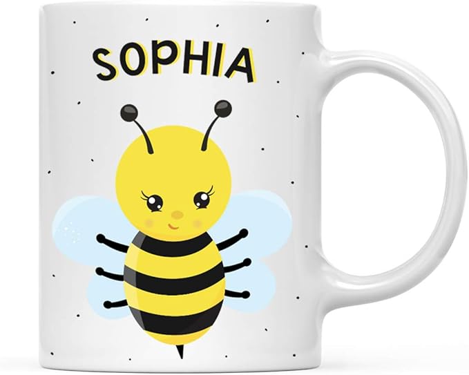 Andaz Press Personalized 11oz. Kids Milk Hot Chocolate Mug, Busy Bee Posture 1, 1-Pack, Custom Child’s Birthday Christmas Coffee Cup