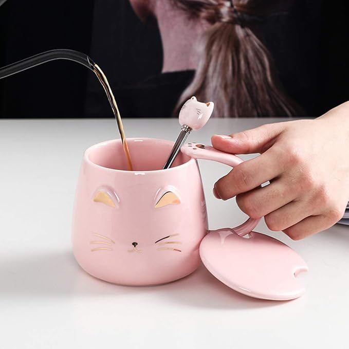 Pink Cat Mug, Cute Kitty Ceramic Coffee Mug with Stainless Steel Spoon, Novelty Coffee Mug Cup for Cat Lovers Women Girls