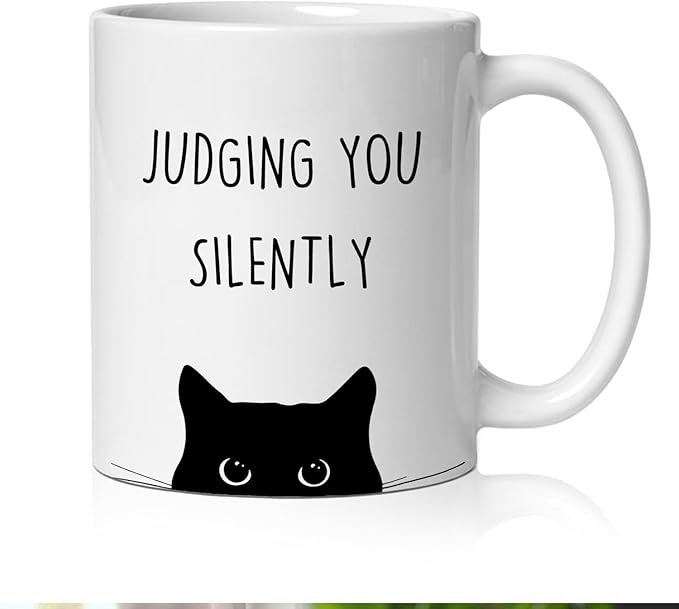 Funny Black Cat Mug, Black Cat Gifts Coffee Cup Ceramic, Cats Lover Lady Mom Dad Gifts, Judging You Silently Funny Kitty Kitten Ceramic Coffee Tea Mug 11 oz