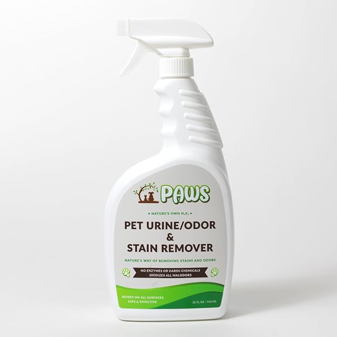 PAWS Pet Urine/Odor & Stain Remover, 32oz Pet Odor Eliminator, Carpet Stain Remover for Cats & Dog Pee, Cat Urine Destroyer, Carpet, Tile, Upholstery, Hardwood and Fabric Cleaner Spray