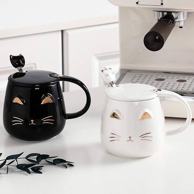 Black Cat Mug, Cute Kitty Ceramic Coffee Mug with Stainless Steel Spoon, Novelty Coffee Mug Cup for Cat Lovers Women Girls