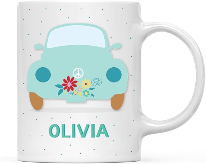Andaz Press Personalized 11oz. Kids Hot Chocolate Mug, Hippie 1970s VW Aqua Bug, 1-Pack, Custom Child’s Birthday Christmas Coffee Cup