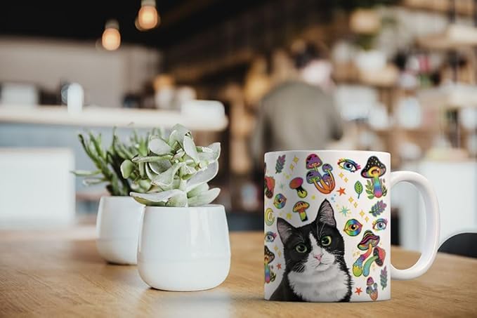 MUGBREW Cute Black White Tuxedo Cat On Rainbow Mushrooms Ceramic Coffee Mug Tea Cup, 11 OZ