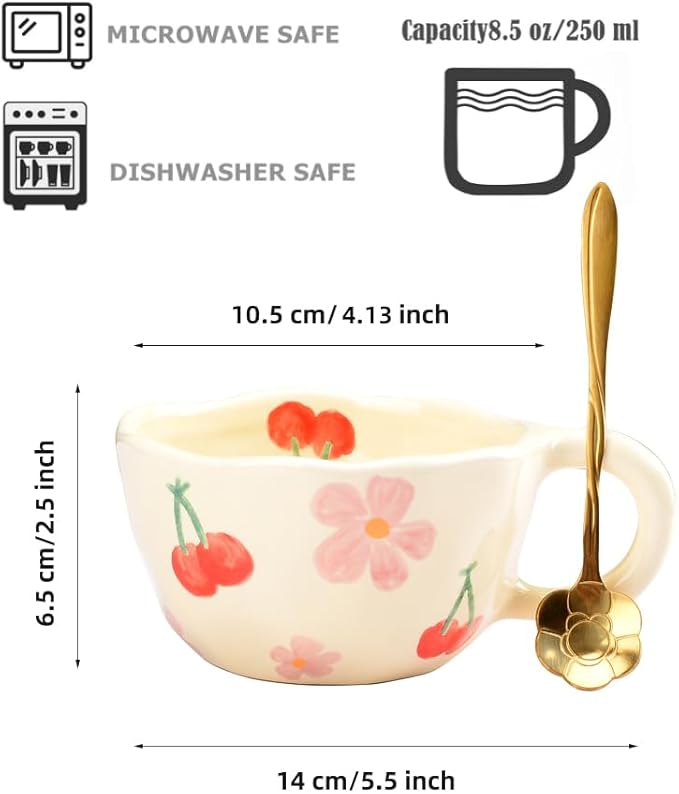 Cute Coffee Mug,Ceramic Tea cup,Kawaii coffee mugs,Handmade Creative Flower Pink mug with Spoon,Aesthetic mugs for milk Cappuccino Cocoa,8.5 oz Cheery Mug Gift for Women Christmas (P+B)