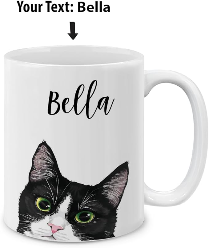 MUGBREW Personalized Coffee Mug with Your Name or Text, Customized Gifts For Christmas Birthday Anniversary, Ceramic 11 OZ Coffee Mug Tea Cup - Black White Tuxedo Cat
