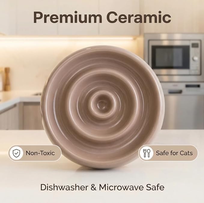 Ceramic Cat Slow Feeder, Raised Slow Feeder Cat Bowl, Anti Vomiting and Whisker Friendly Kitty Dish, Elevated Puppy Kitten Food Bowl for Dry and Wet Food (Brown)