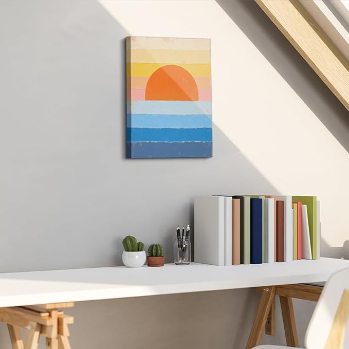Boho Sun Framed Canvas Wall Art, Bohemian Sunrise Sunset on the Horizon Decor Wall Painting, Geometric Nature Art Picture Modern Decor for Home Living Room Bedroom Office, 11.4"x15"