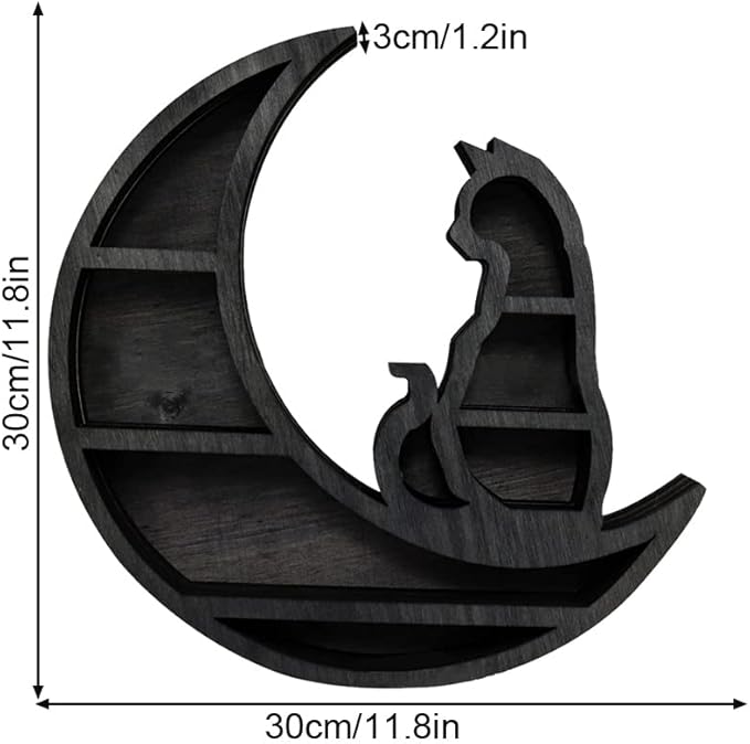 Cat on The Moon Wooden Shelf for Crystals, Moon Crystal Shelf Jewelry Holder, Floating Shelves Essential Oil Shelfes for Living Room, Dinning Room, Bed Room(Color:Black)