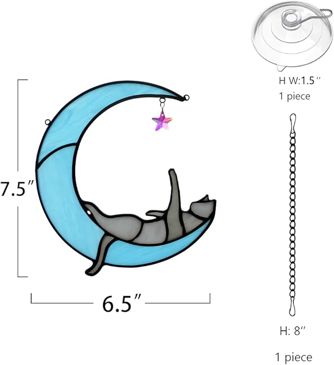 BOXCASA Handmade Gray Cat on Moon Stained Glass Suncatcher - Colorful Crystal Star & Window Hanging Decor for Cat Lovers, (Women, Mom, Grandma)