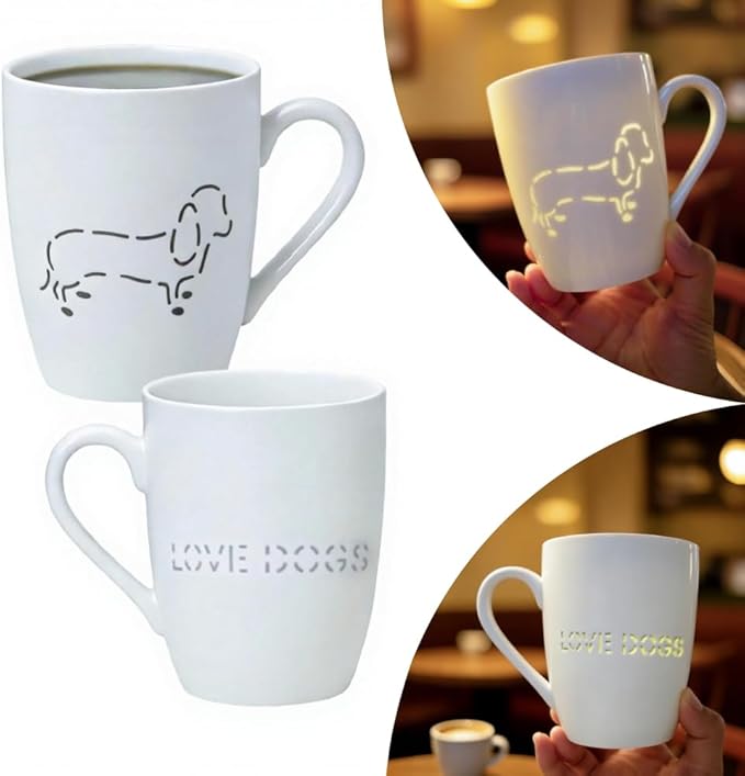 Lily's Home Ceramic Coffee Mug with Hollowed Dog Pattern-13.5 oz, Set of 2-White Porcelain-Microwave & Dishwasher Safe-Dog Lover Coffee Mug for Coffee, Tea, Cappuccino-Housewarming Gift
