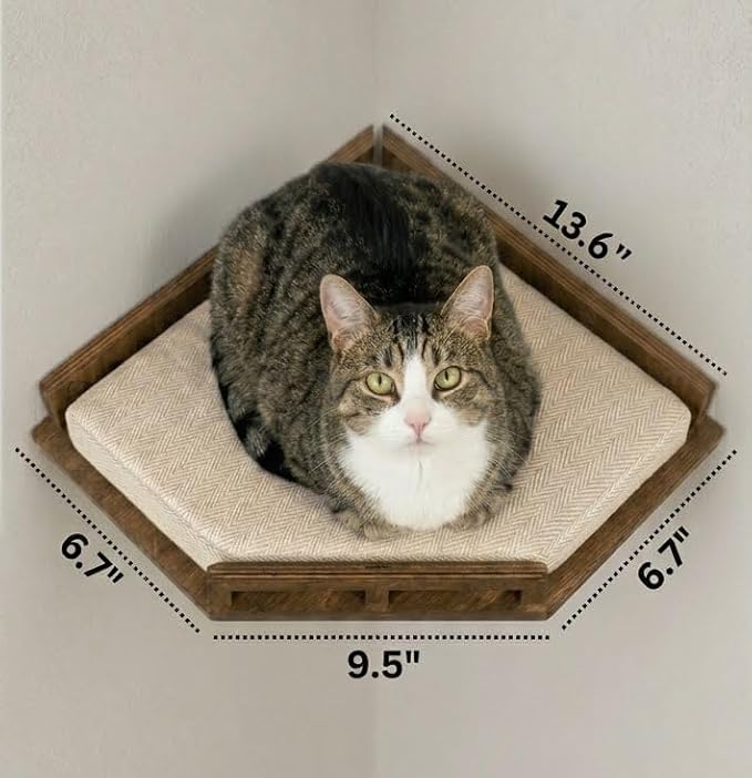 INICIO Cat Wall Shelves - Safe and Sturdy Cat Wall Furniture - Stylish Natural Wood Corner Shelf with 3 Steps for Cats up to 15lbs - Cushioned Perch and Stairs for Climbing and Playing - Dark Brown