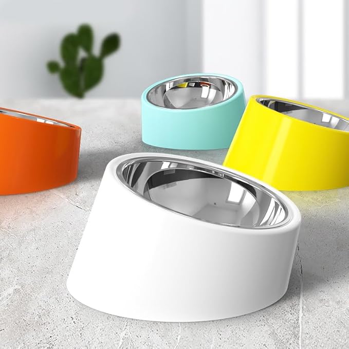 15 Degree Tilted Slow Feeder Bowl for Small Dogs and Cats, Anti-Gulping Raised Pet Food and Water Dish with Non-Skid Base, Mess-Free Easy Clean Design, Yellow