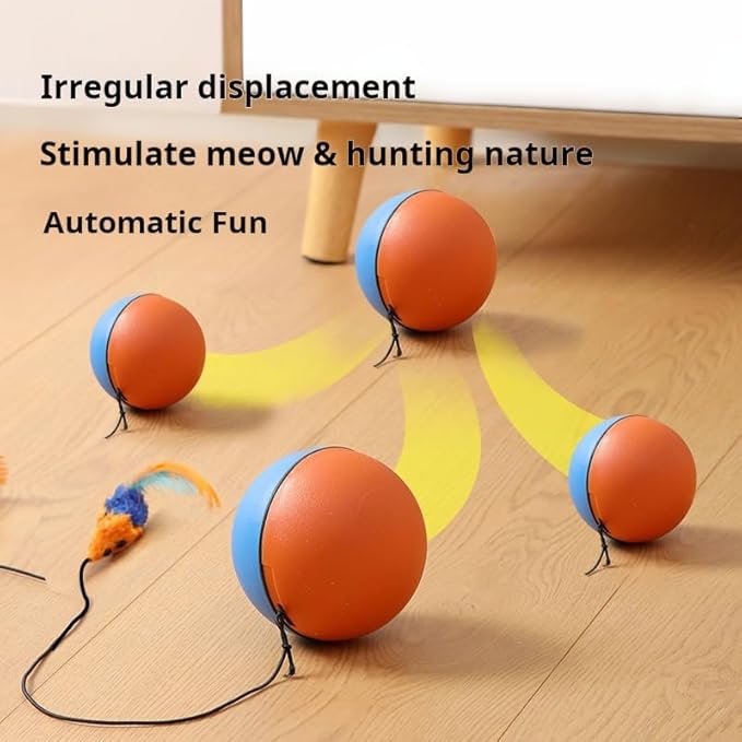 Interactive Cat Ball Toy, Automatic Rolling Motion with Feather Teaser, Self-Moving for Indoor Cats, Bluish Orange