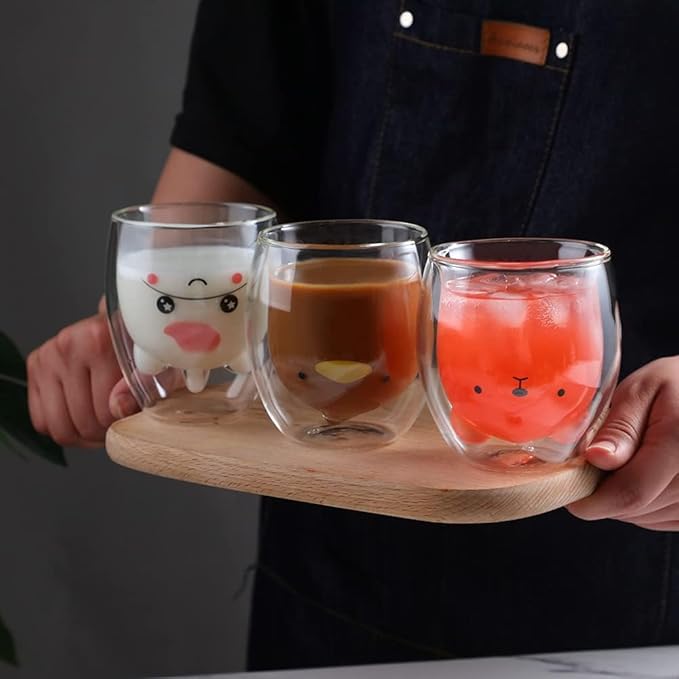 Binoster Duck Mug Cute Mugs Glass Double Wall Insulated Glass Espresso Cup, Coffee Cup, Tea Cup, Milk Cup,Kawaii Gift for Office and Personal Birthday Christmas (Duck)