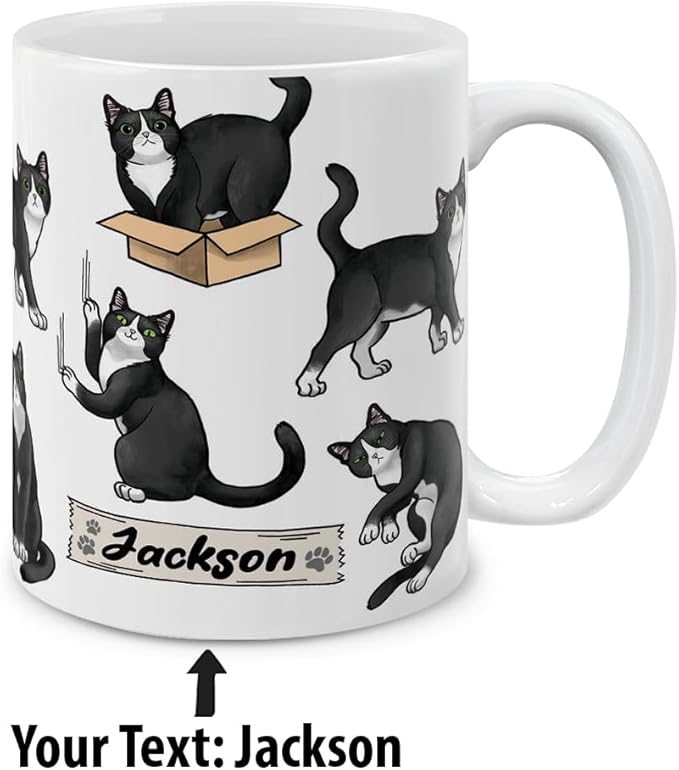 MUGBREW Personalized Coffee Mug with Your Name or Text, Customized Gifts For Christmas Birthday Anniversary, Ceramic 11 OZ Coffee Mug Tea Cup - Black White Tuxedo Cat Playful Postures Pattern