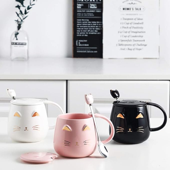 Black Cat Mug, Cute Kitty Ceramic Coffee Mug with Stainless Steel Spoon, Novelty Coffee Mug Cup for Cat Lovers Women Girls